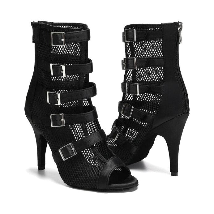 black net mesh dance booties for women with five silver buckle straps, open toe and back zip