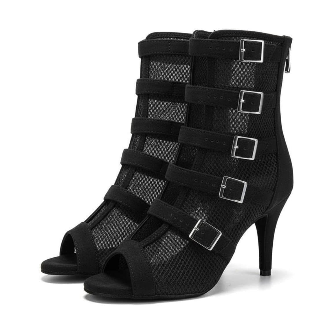 pair of black mesh multi-strap open-toe dance booties for women, five silver buckles and stiletto heels