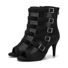 pair of black mesh multi-strap open-toe dance booties for women, five silver buckles and stiletto heels