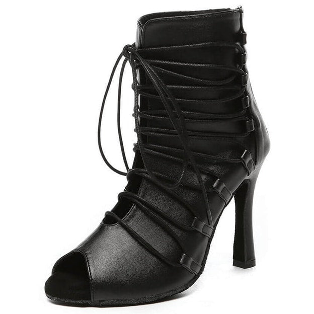 black leather open-toe dance boot for women with loop lacing and a curved flared stiletto heel