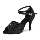 black satin dance shoe for women set with black rhinestones, cutout toe straps and slim heel