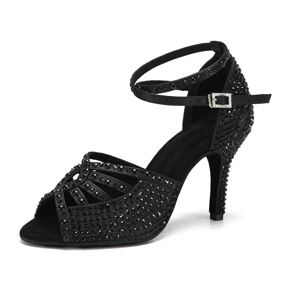 black satin dance shoe for women set with black rhinestones, cutout toe straps and slim heel