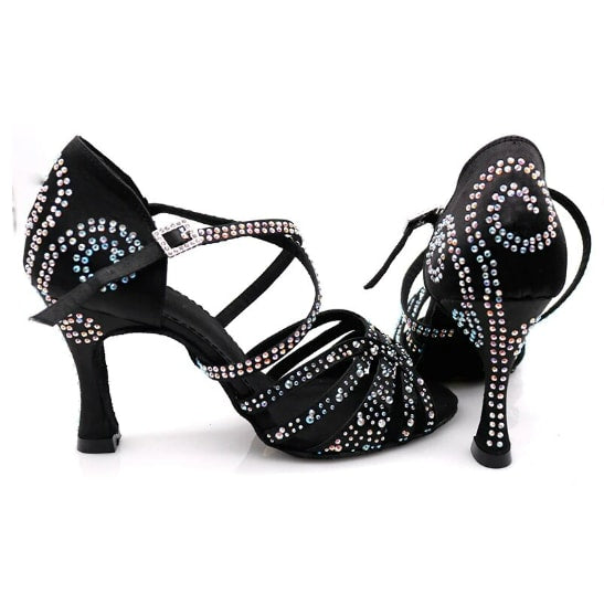 pair of black satin dance shoes for women with AB rhinestone swirl design and crystal buckle straps