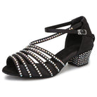 black satin dance shoe for women with 1.5 inch cuban heel and AB rhinestone-lined straps