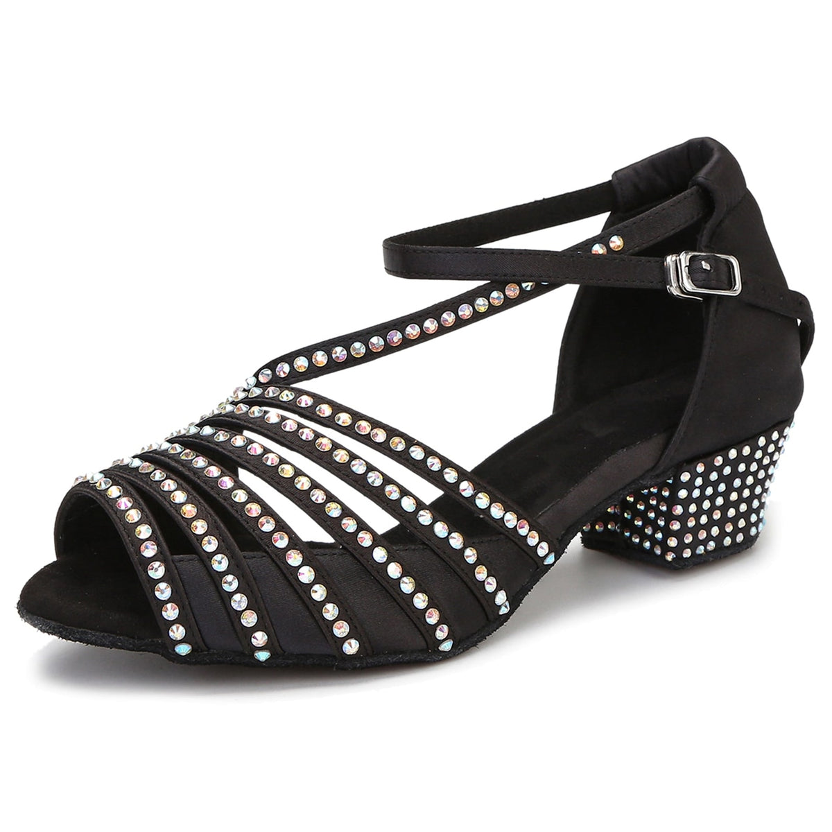 black satin dance shoe for women with 1.5 inch cuban heel and AB rhinestone-lined straps
