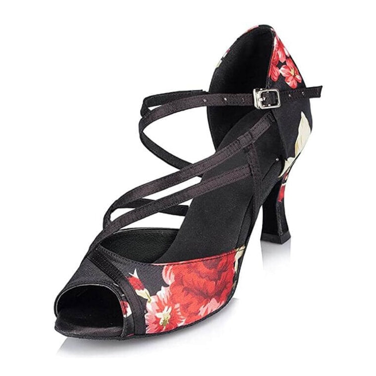 black satin latin dance shoe for women with red floral print panels, crossed instep straps and a peep toe
