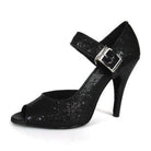 black glitter latin dance shoe for women with a mary jane ankle strap, square buckle, peep toe and stiletto heel