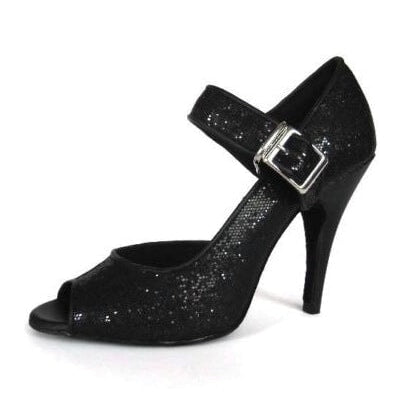black glitter latin dance shoe for women with a mary jane ankle strap, square buckle, peep toe and stiletto heel