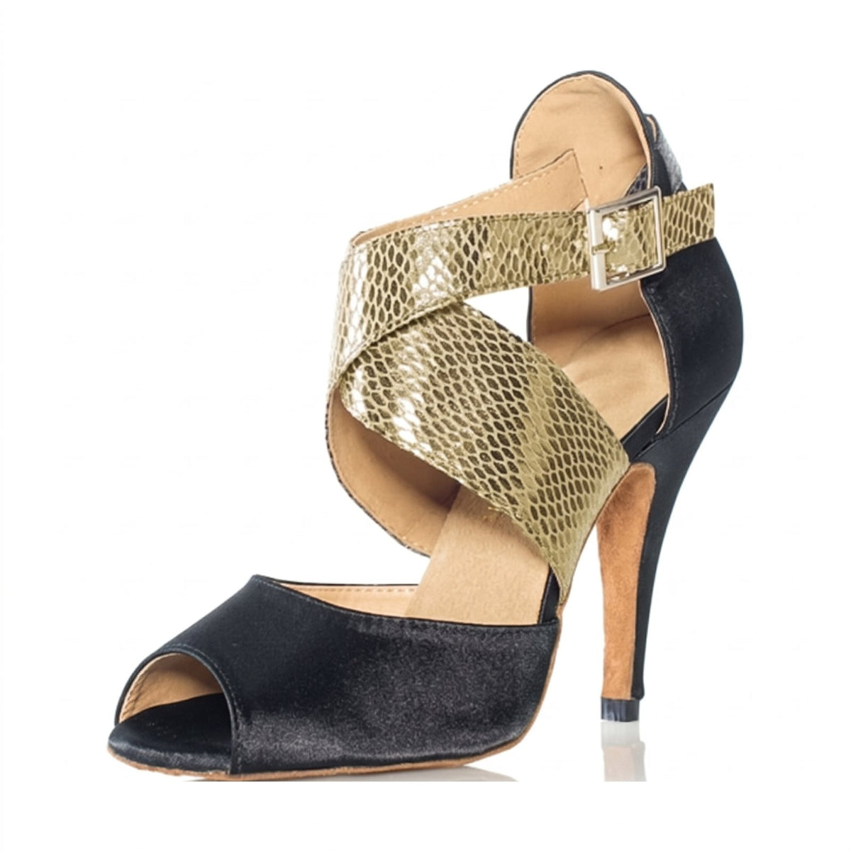 Black satin Latin dance shoe for women, peep toe and gold snake-print crossover straps with a square buckle