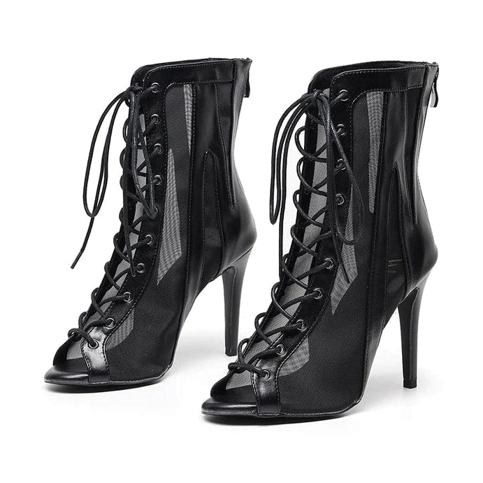 pair of black leather and mesh lace-up dance boots for women, peep toes and slim stiletto heels