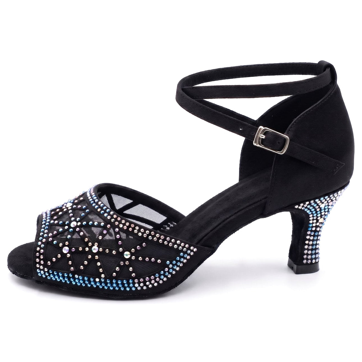 Black satin latin dance shoes side view, mesh vamp with an aurora borealis rhinestone starburst, crystal faced flared heel and crossed ankle strap