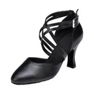 black leather closed-toe ballroom dance shoe for women, crisscross ankle straps, curved heel, side view