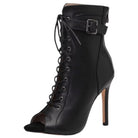 black leather lace-up open-toe dance boot for women with buckled ankle strap and stiletto heel