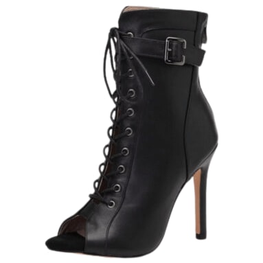 black leather lace-up open-toe dance boot for women with buckled ankle strap and stiletto heel