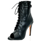 black leather lace-up open-toe ankle dance boot for women, back buckle tab and slim stiletto heel