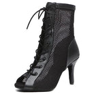 black net mesh and leather dance boot for women, peep toe, long lace-up panel and slim heel