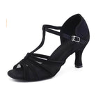 black mesh and satin T-strap ballroom dance shoe for women with a pleated mesh vamp, peep toe and flared heel