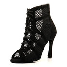 black suede and fishnet mesh open-toe dance boot for women, lace-up front and slim stiletto heel