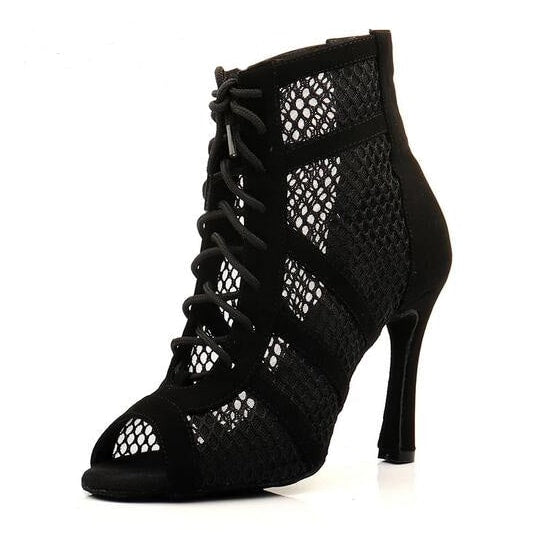black suede and fishnet mesh open-toe dance boot for women, lace-up front and slim stiletto heel