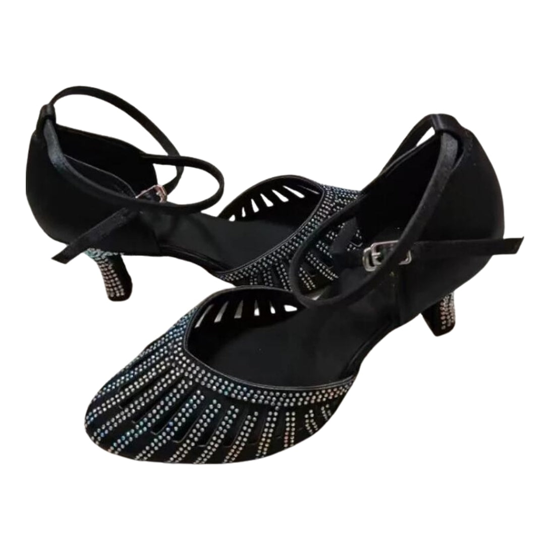 black rhinestone-embellished closed-toe waltz dance shoes with crisscross ankle straps and low heel