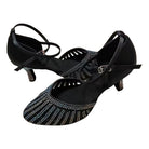 black rhinestone-embellished closed-toe waltz dance shoes with crisscross ankle straps and low heel