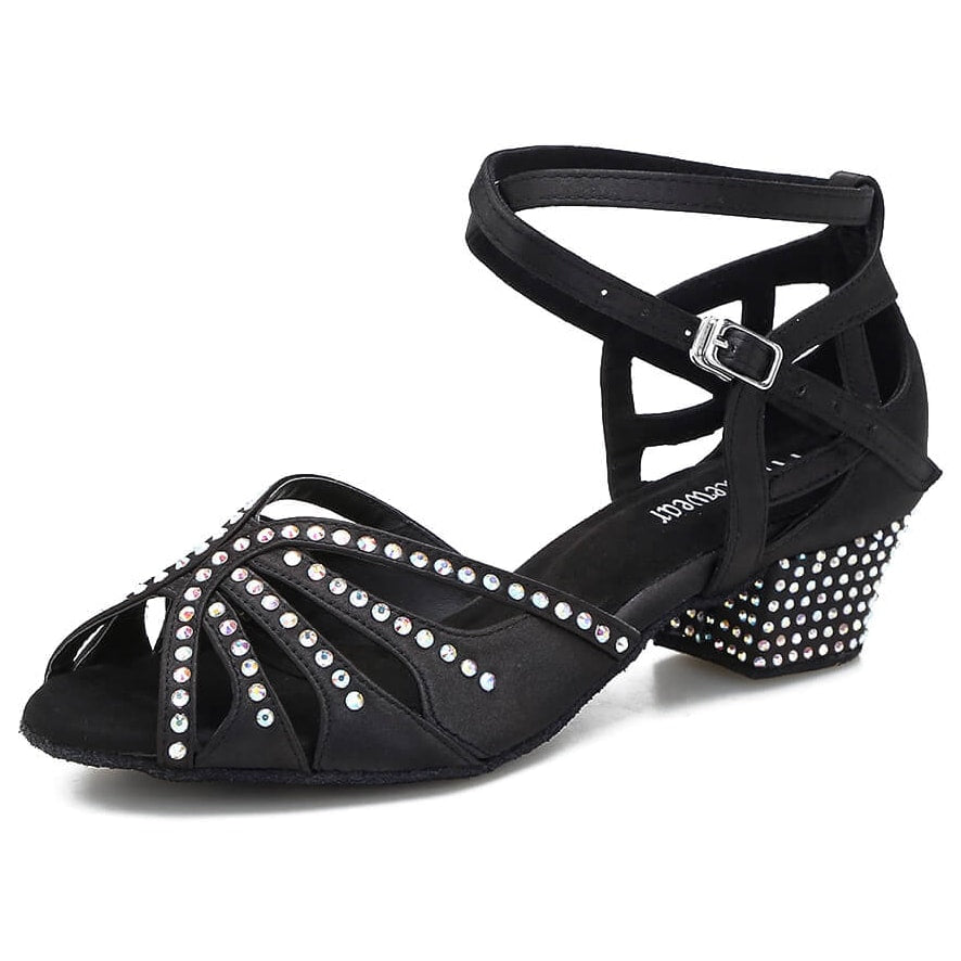 black satin rhinestone dance shoe for women with low cuban heel, crystal fan toe and studded block heel