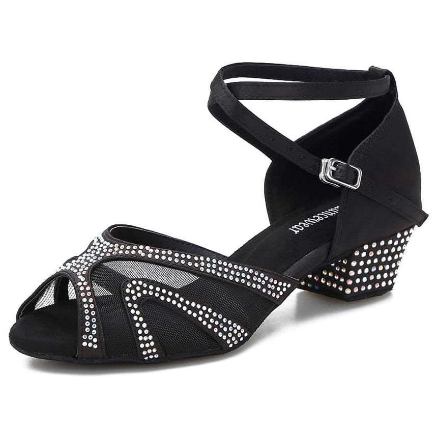 black satin rhinestone dance shoe for women with low cuban heel, mesh panels and crystal block heel