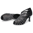 black satin ballroom dance heel for women with rhinestone-lined caged straps and crystal-studded heel