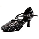 black satin, mesh and rhinestone closed-toe ballroom dance shoe for women, crisscross ankle strap, side view