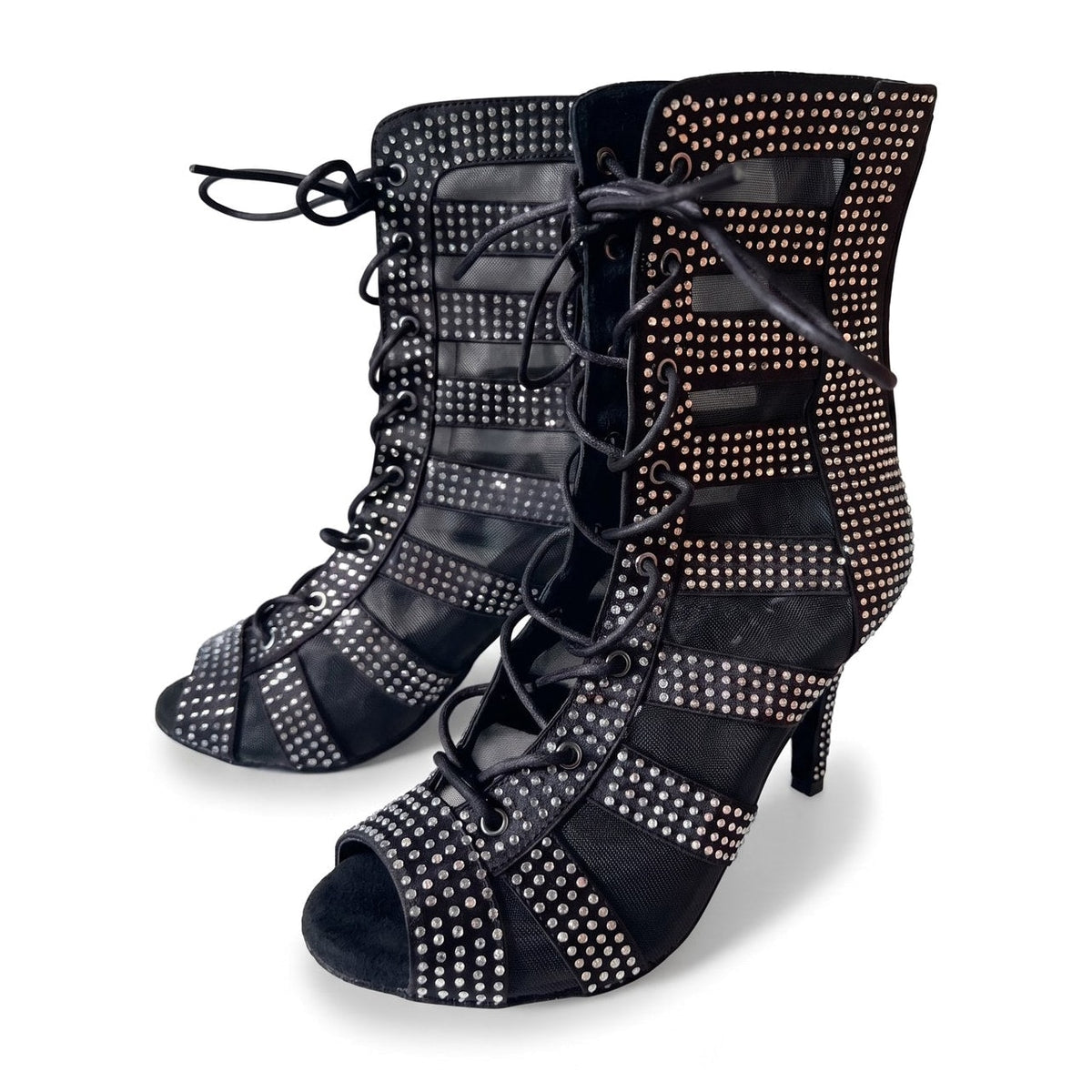 Black rhinestone mesh dance boots for women, front lace-up open toe heels dance booties with rhinestone bands and a stiletto heel