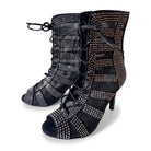 Black rhinestone mesh dance boots for women, front lace-up open toe heels dance booties with rhinestone bands and a stiletto heel