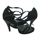 pair of black satin samba platform dance shoes for women with rhinestone-studded straps and heels