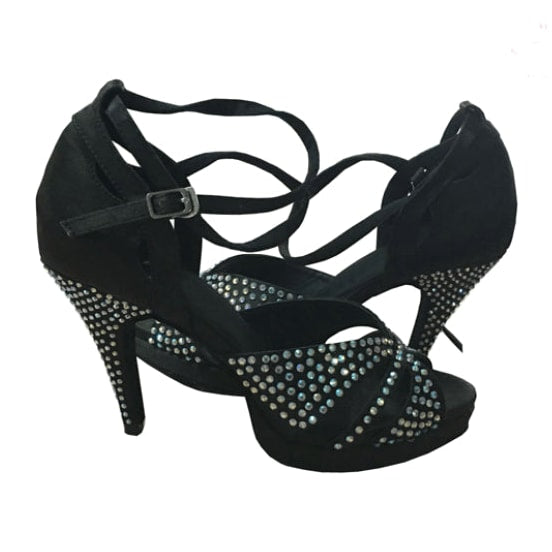 pair of black satin samba platform dance shoes for women with rhinestone-studded straps and heels