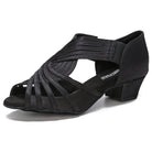 black satin latin dance shoe for women with a fanned multi-strand vamp, ribbed stretch side panel and a low block cuban heel