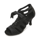 black satin lace-up latin dance boot for women with ribbon laces, cutout side panels, peep toe and a flared heel