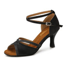 black satin latin dance shoe for women with glitter trimmed crossover straps, crossed ankle strap and a flared heel