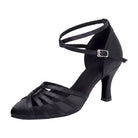 Black satin ballroom dance shoes side view, closed toe waltz heels with narrow straps woven into a knot at the toe and flared heel