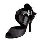 black satin latin dance shoe for women with a wide snakeskin trimmed crossover strap, peep toe and stiletto heel