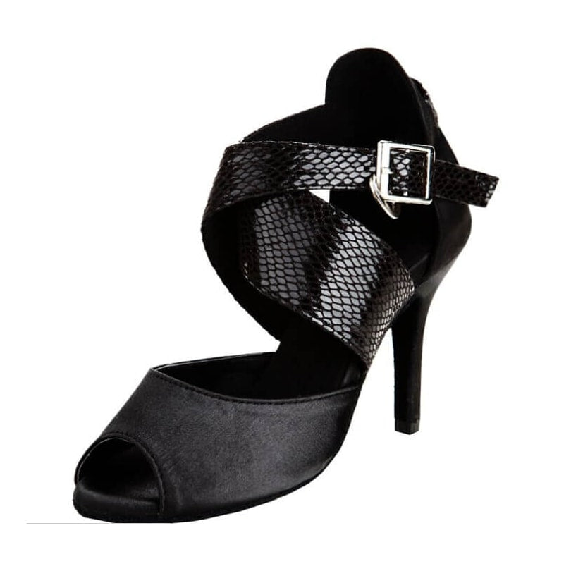 black satin latin dance shoe for women with a wide snakeskin trimmed crossover strap, peep toe and stiletto heel