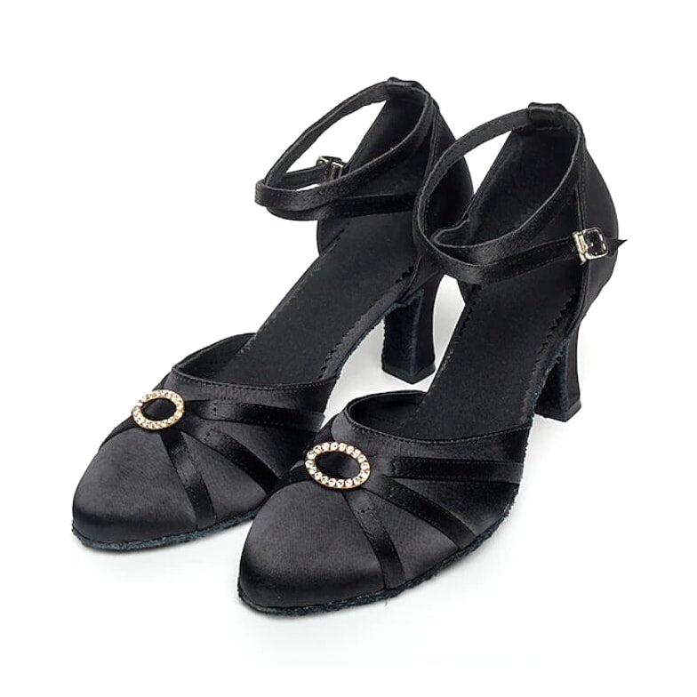 pair of black satin closed-toe ballroom dance shoes for women, ankle strap with rhinestone buckle