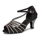 black satin crystal ballroom dance shoe for women, rhinestone-lined strappy toe and studded flared heel