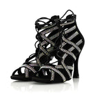 black suede caged dance boot for women, crystal-lined straps, tie laces and open toe for ballroom