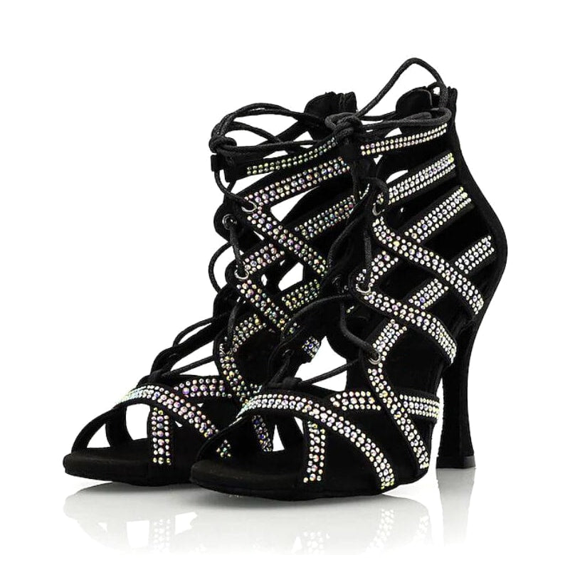 black suede caged dance boot for women, crystal-lined straps, tie laces and open toe for ballroom