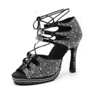 black satin lace-up samba platform dance heel for women covered in silver rhinestones, with cutout side panels and peep toe