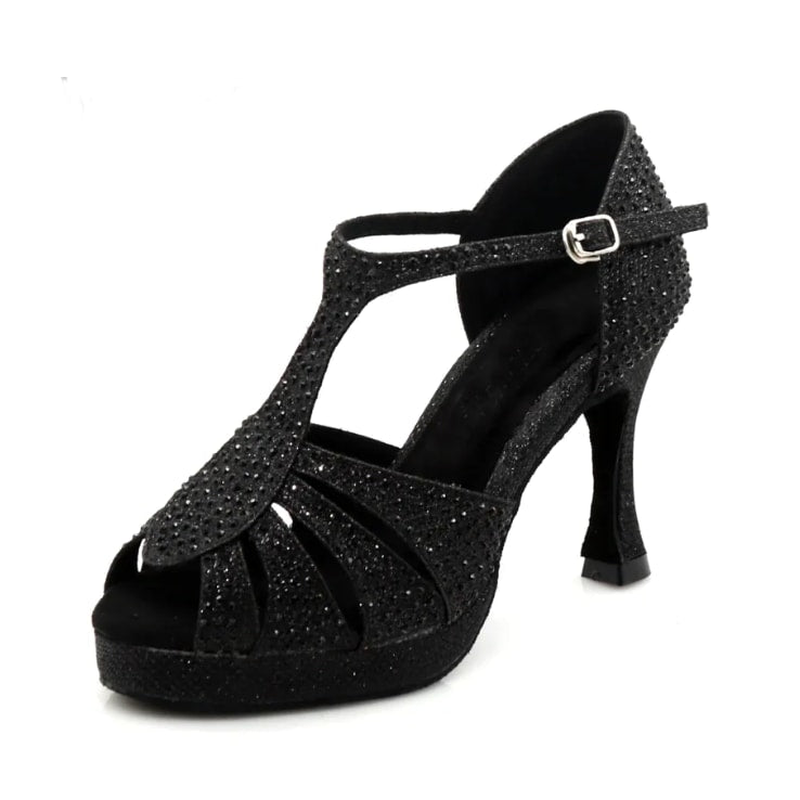 black glitter samba platform dance shoe for women with rhinestone t-strap and platform sole