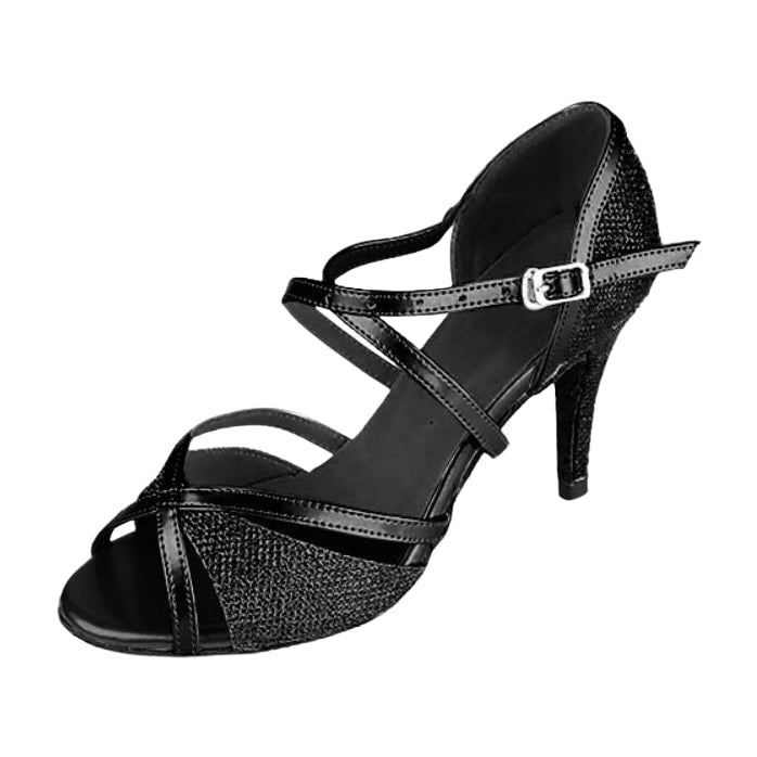 black latin dance shoe for women with patent crossover straps over a glitter vamp, ankle strap and a stiletto heel