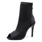 black stretch lycra sock-style open-toe dance boot for women, back zip and tall stiletto heel