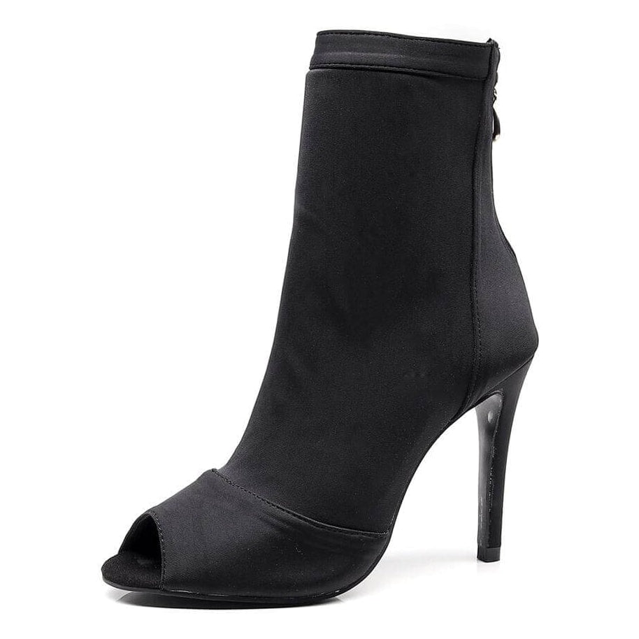 black stretch lycra sock-style open-toe dance boot for women, back zip and tall stiletto heel