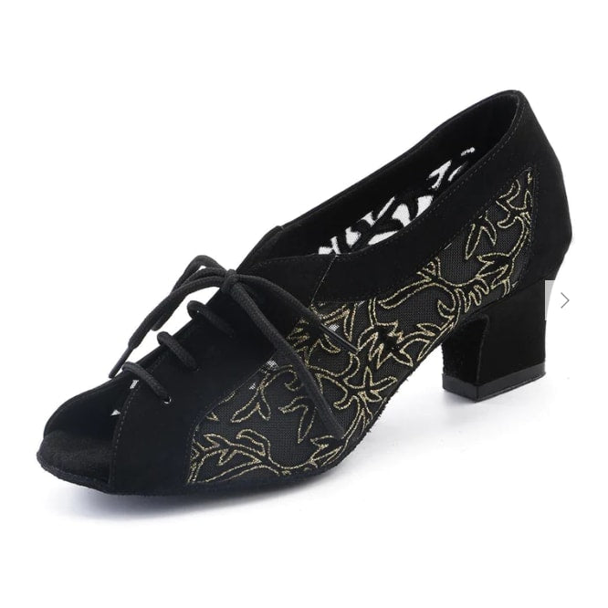 black suede lace-up latin dance shoe for women with gold embroidered mesh panels, peep toe and a low block cuban heel
