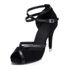 black suede latin dance shoe for women with patent trim, double crossed ankle straps and a slim stiletto heel